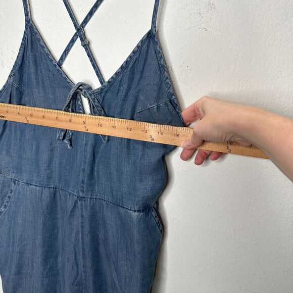 Lovestitch Medium Wash Blue Wide Leg Spaghetti Strap V Neck Front Tie Jumpsuit S - Picture 13 of 16